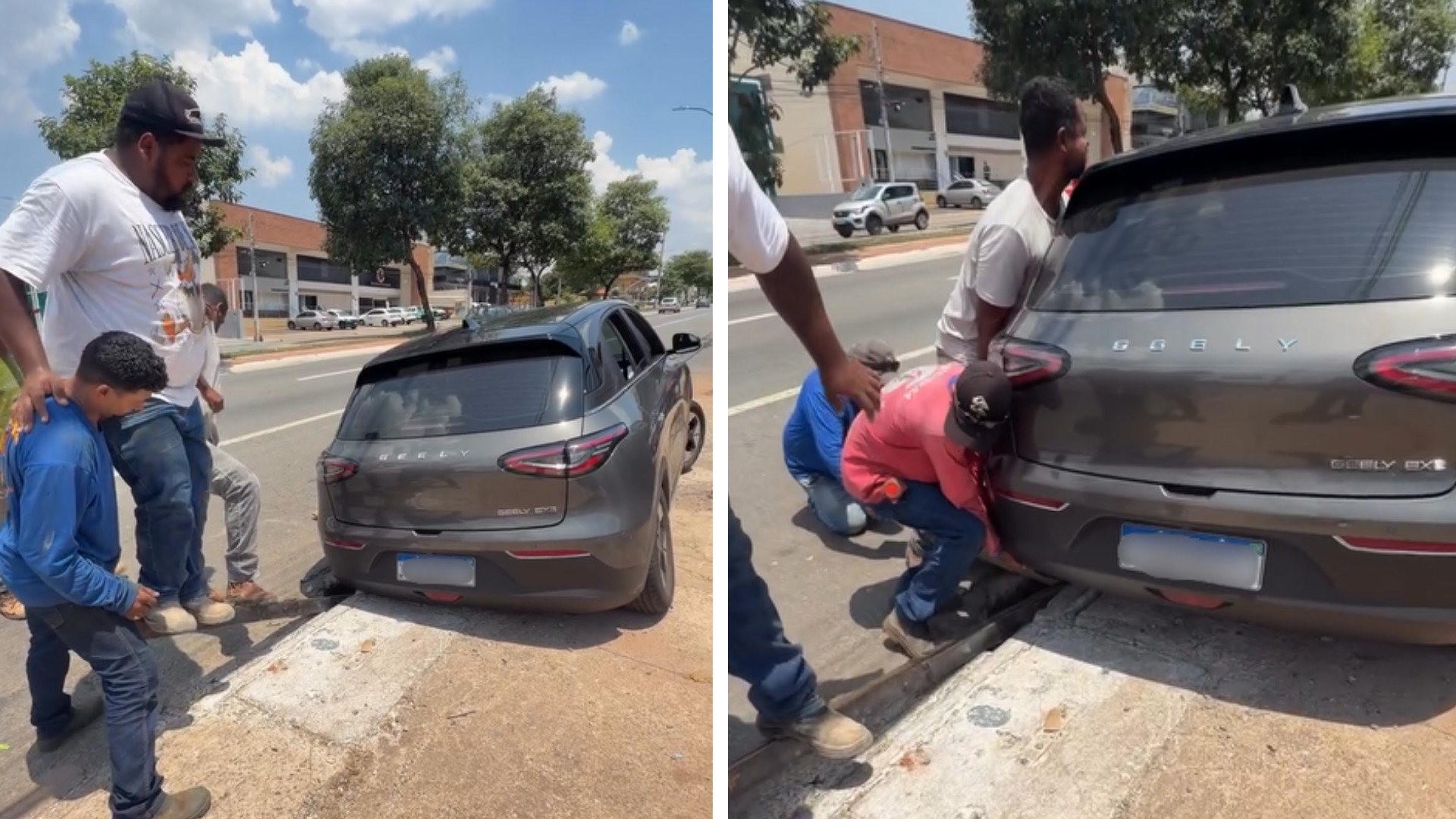 Empresária prende carro elétrico em bueiro, e doze pessoas se juntam para ajudar; vídeo